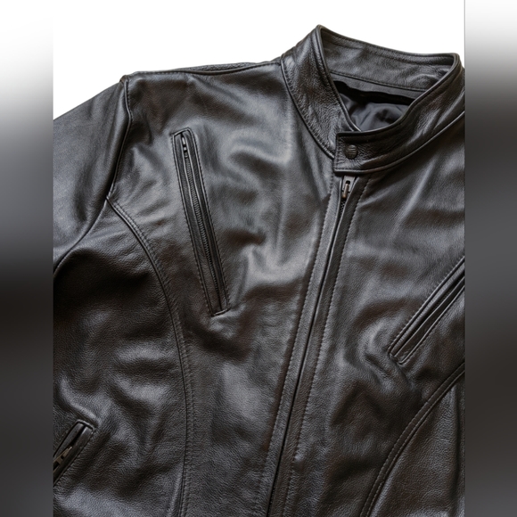 Black Leather Motorcycle Jacket Zippered Riding Jacket Mens Moto Jacket 2XL - Picture 7 of 12